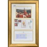 A framed Osborne and Alan cult collectables world cup 40th anniversary first day cover and other