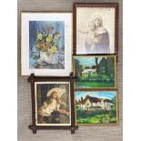 A group of framed prints and paintings, largest 52 x 62cm.
