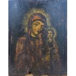 A 19th Century Russian hand painted icon on wooden panel of the Hodigitria Mother of God, 24 x