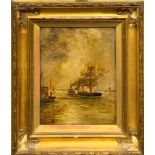 A 19th Century gilt framed oil on board of a coastal shipping signed Hume, frame size 39 x 44cm.