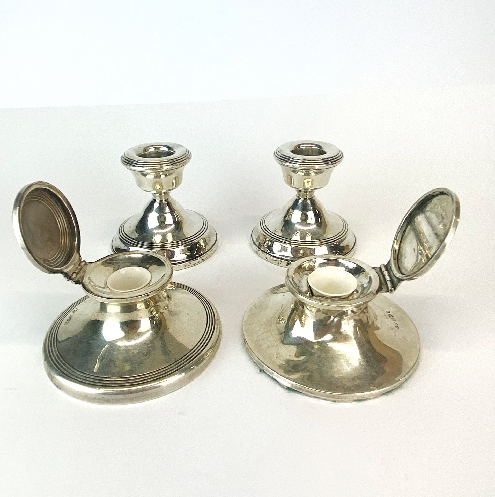Two hallmarked silver ink wells, Birmingham c. 1912 and Chester c. 1909. Dia. 8.5cm. Together with a - Image 2 of 6