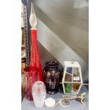 A lead and glass porch lantern with a Bohemian glass vase and other items, lantern H. 27cm.