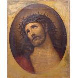 A 19th Century oil finished print of Christ with a crown of thrones applied to canvas with various