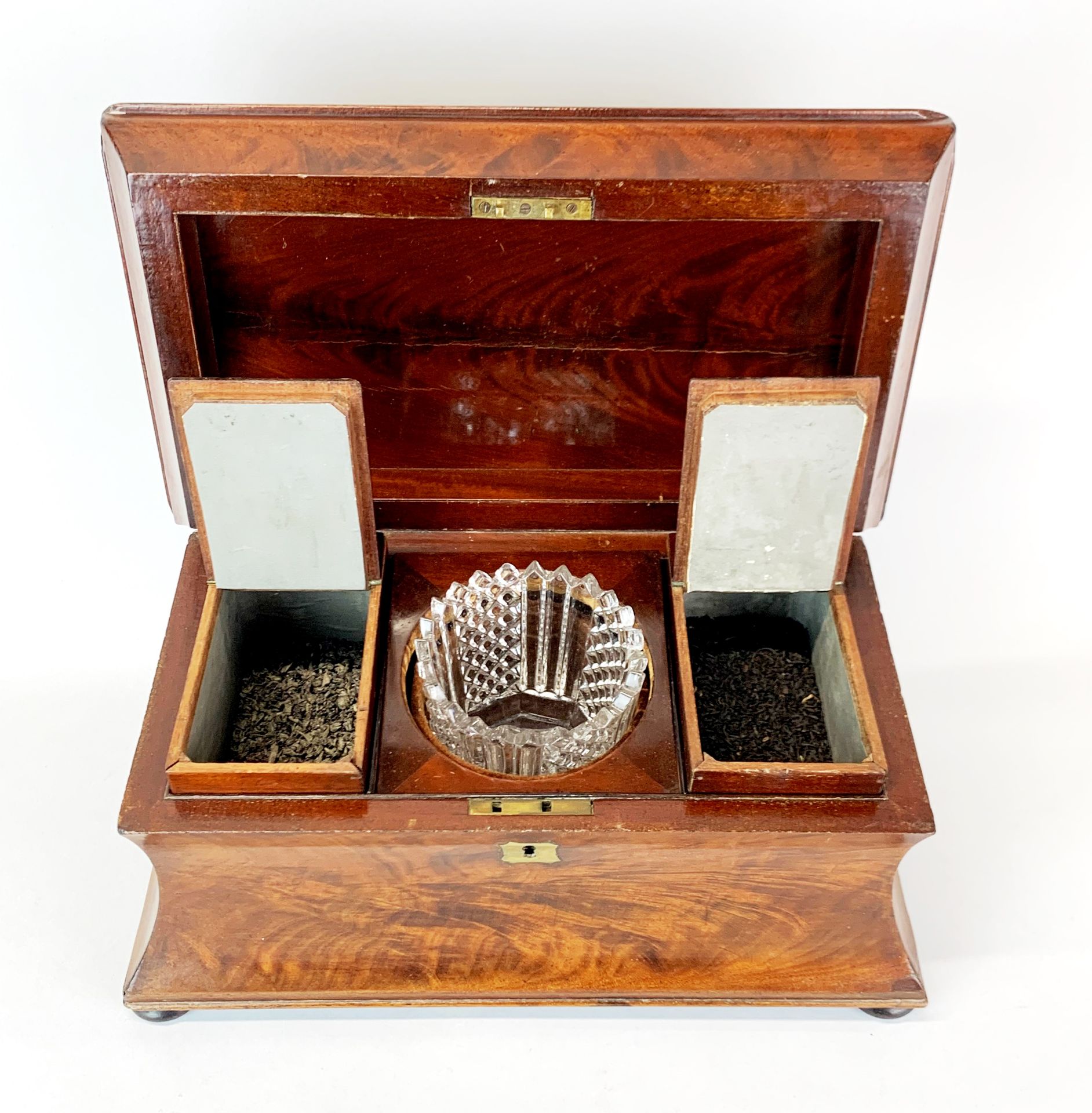 A Georgian mahogany tea caddy, 36 x 20 x 21cm. together with a glass mixing bowl. - Image 4 of 5