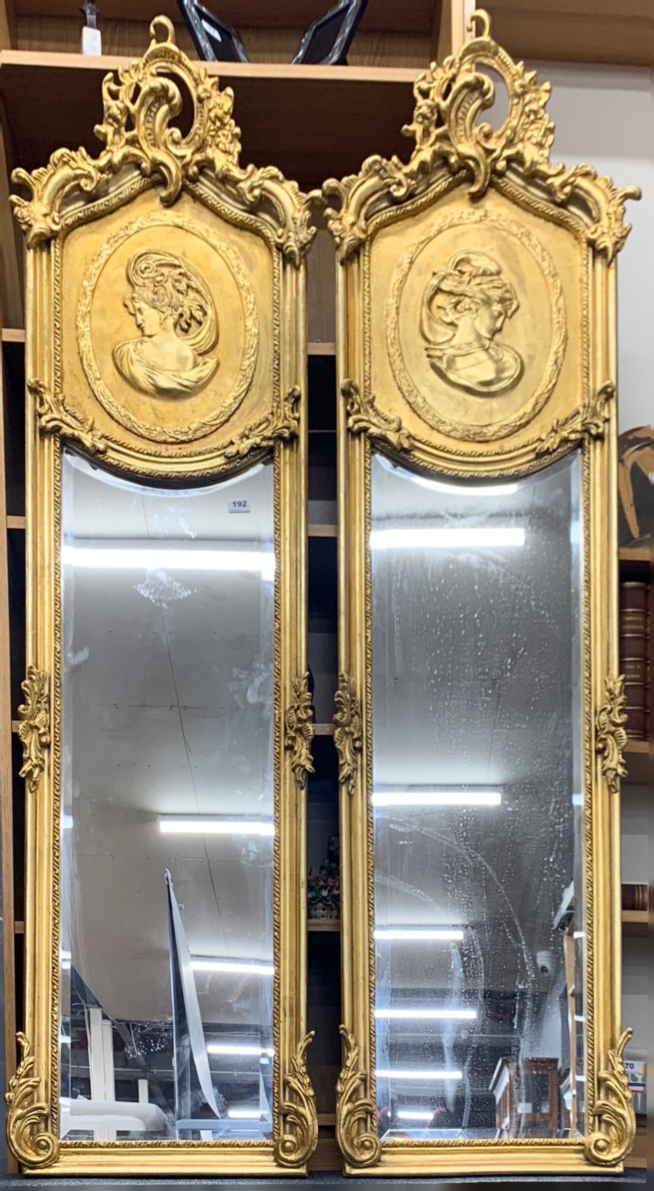 A pair of large classical gilt framed mirrors, H. 179cm. W. 52cm.