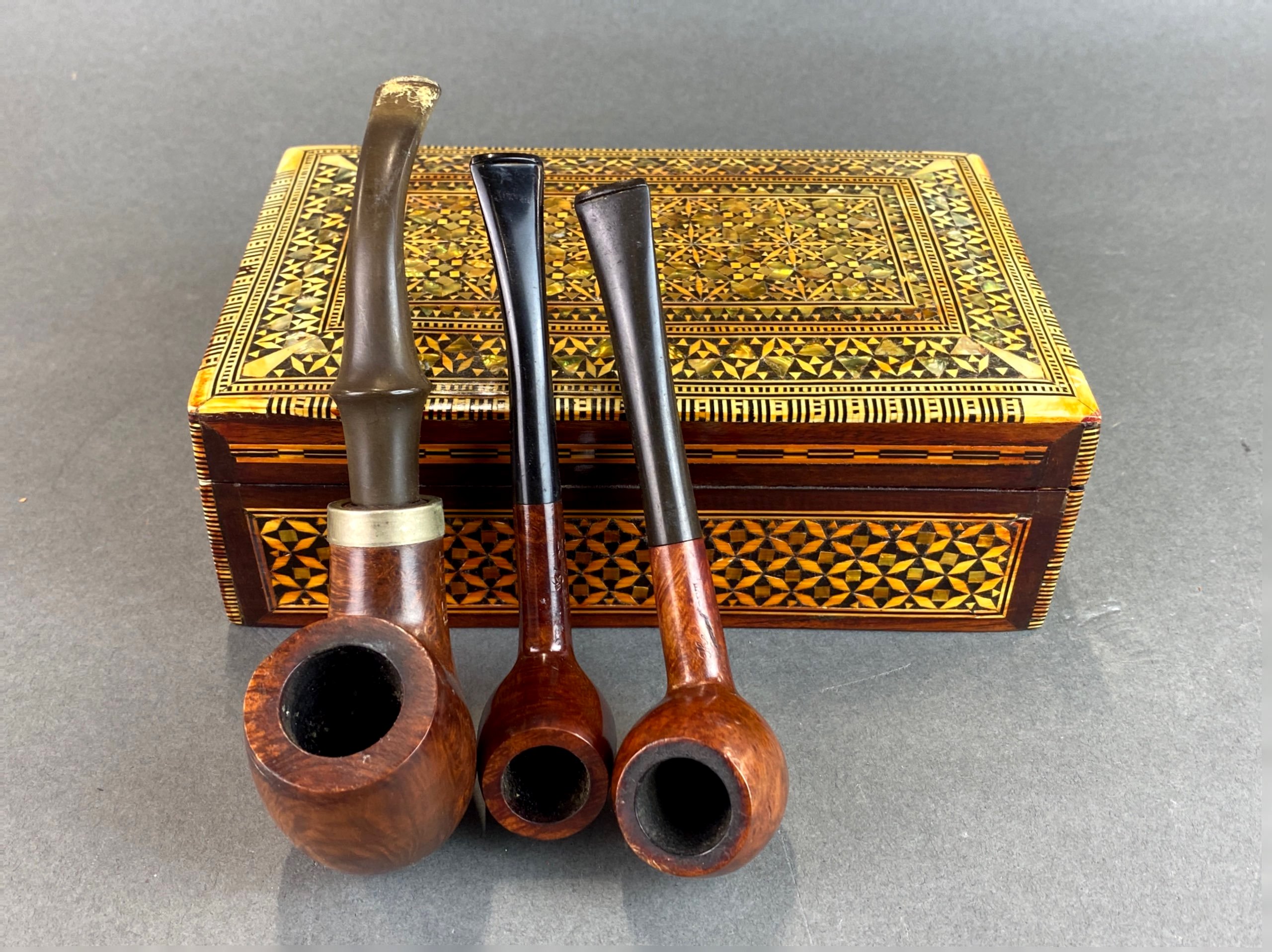 An inlaid box and three vintage tobacco pipes. - Image 2 of 2