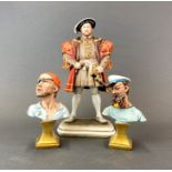 A signed Naples porcelain figure of King Henry VIII together with two Naples porcelain busts,