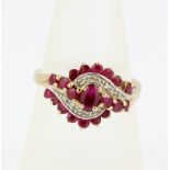 A 9ct yellow gold (worn hallmark) ruby and diamond set ring, one stone missing, (P.5).