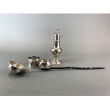 A hallmarked silver sugar shaker and a white metal (tested silver) toddy ladle together with a