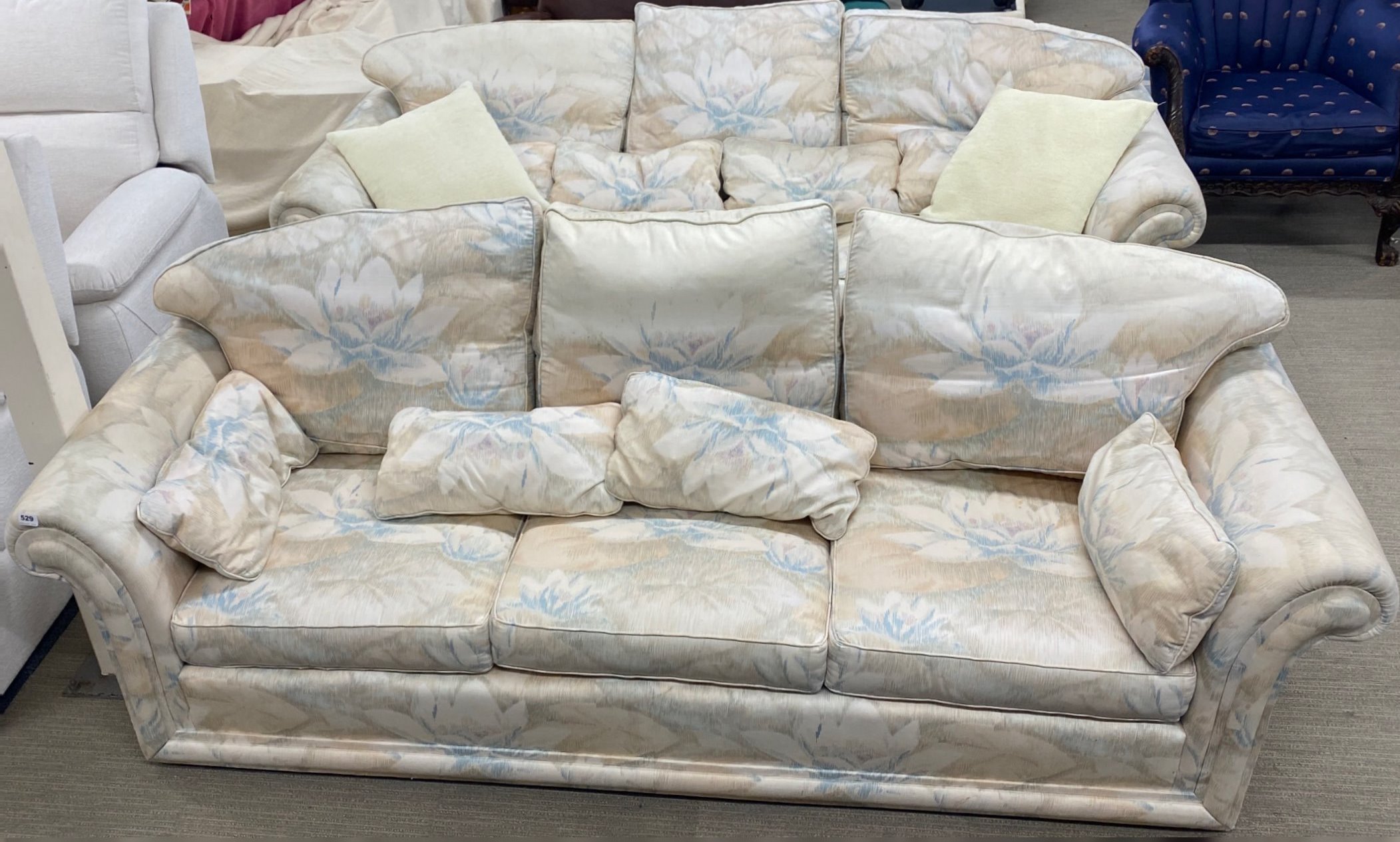 A pair of large contemporary three seater settees, W. 230cm.
