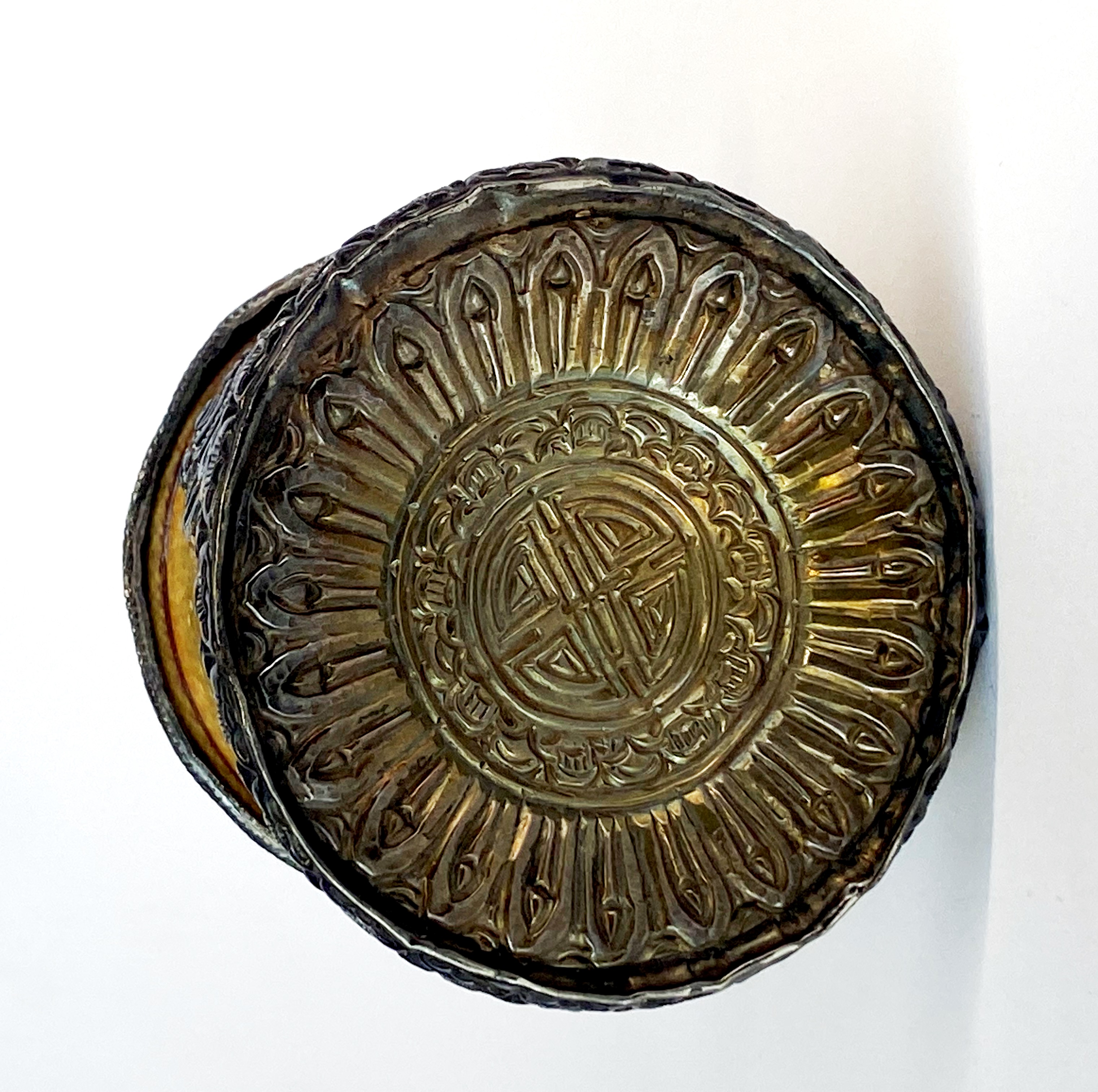 A Tibetan hammered silver mounted (tested) and bone box, D. 6cm. - Image 2 of 2