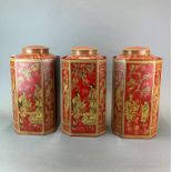 A set of three Chinese design toleware tea boxes, H. 36cm.