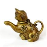 A Chinese brass cat teapot, H. 11cm.