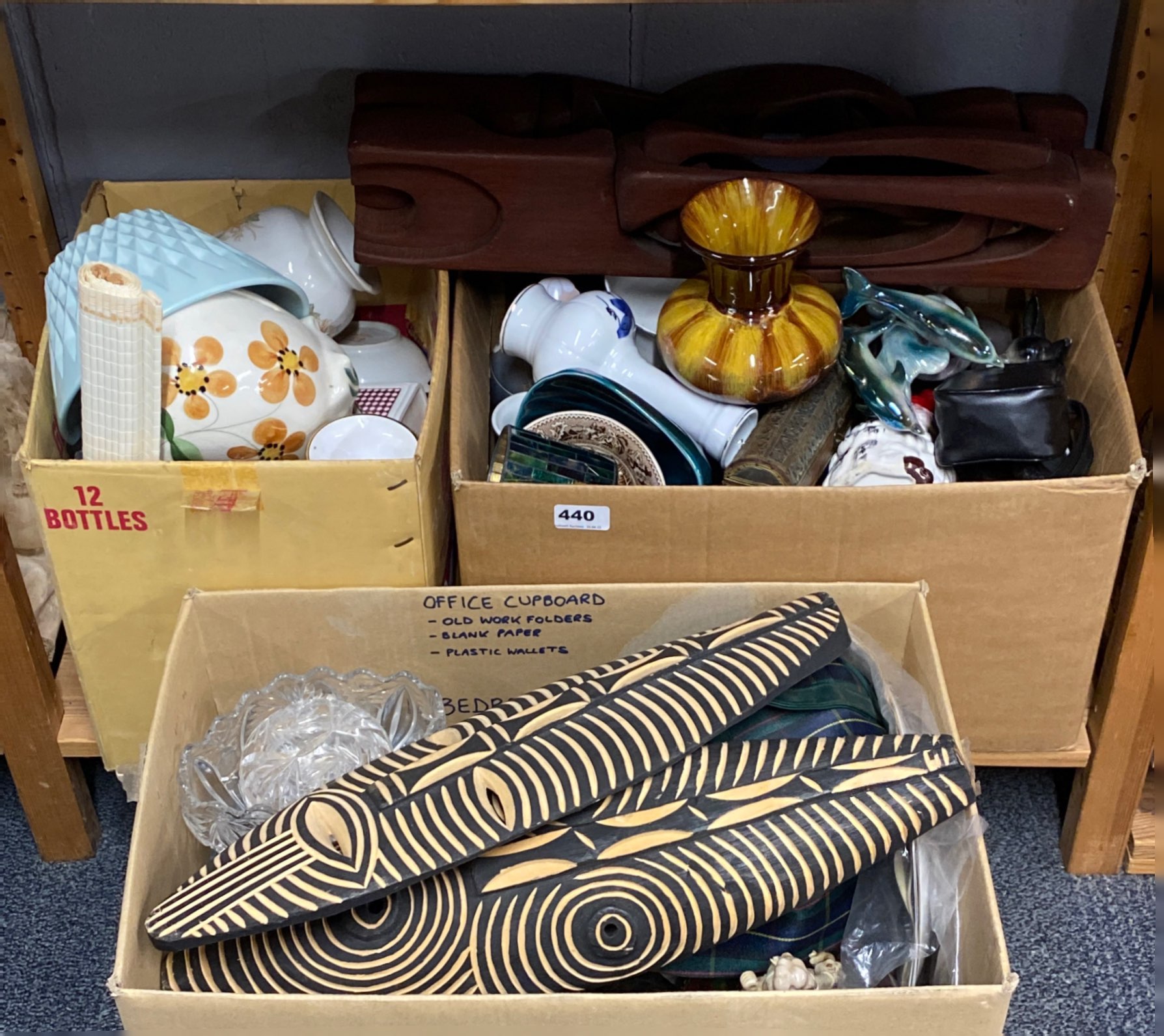 Three boxes of mixed china, wood and other items.