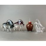 Two Murano glass bulls together with a Murano glass perfume bottle and dog pipe holder, bull H.