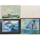 Three large framed sailing related prints, largest 65 x 81cm.