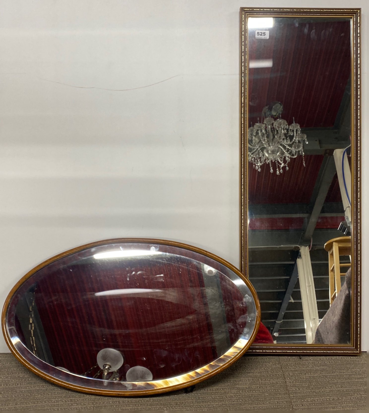 A gilt framed mirror, 34 x 97cm, with an oval oak framed mirror. - Image 2 of 2