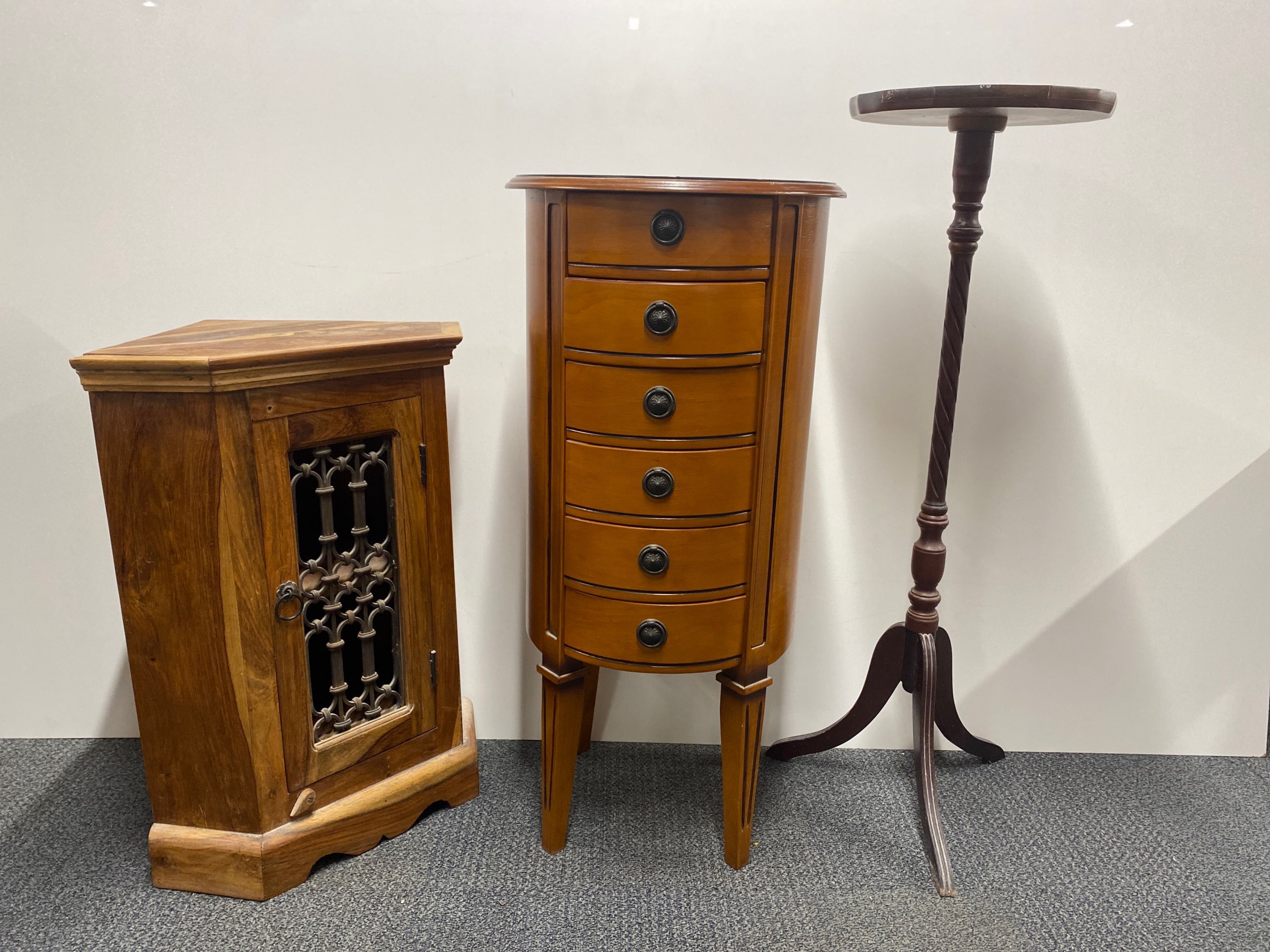 A circular six drawer chest, dia. 41cm, H. 86cm, together with a hardwood and iron corner cabinet - Image 2 of 2