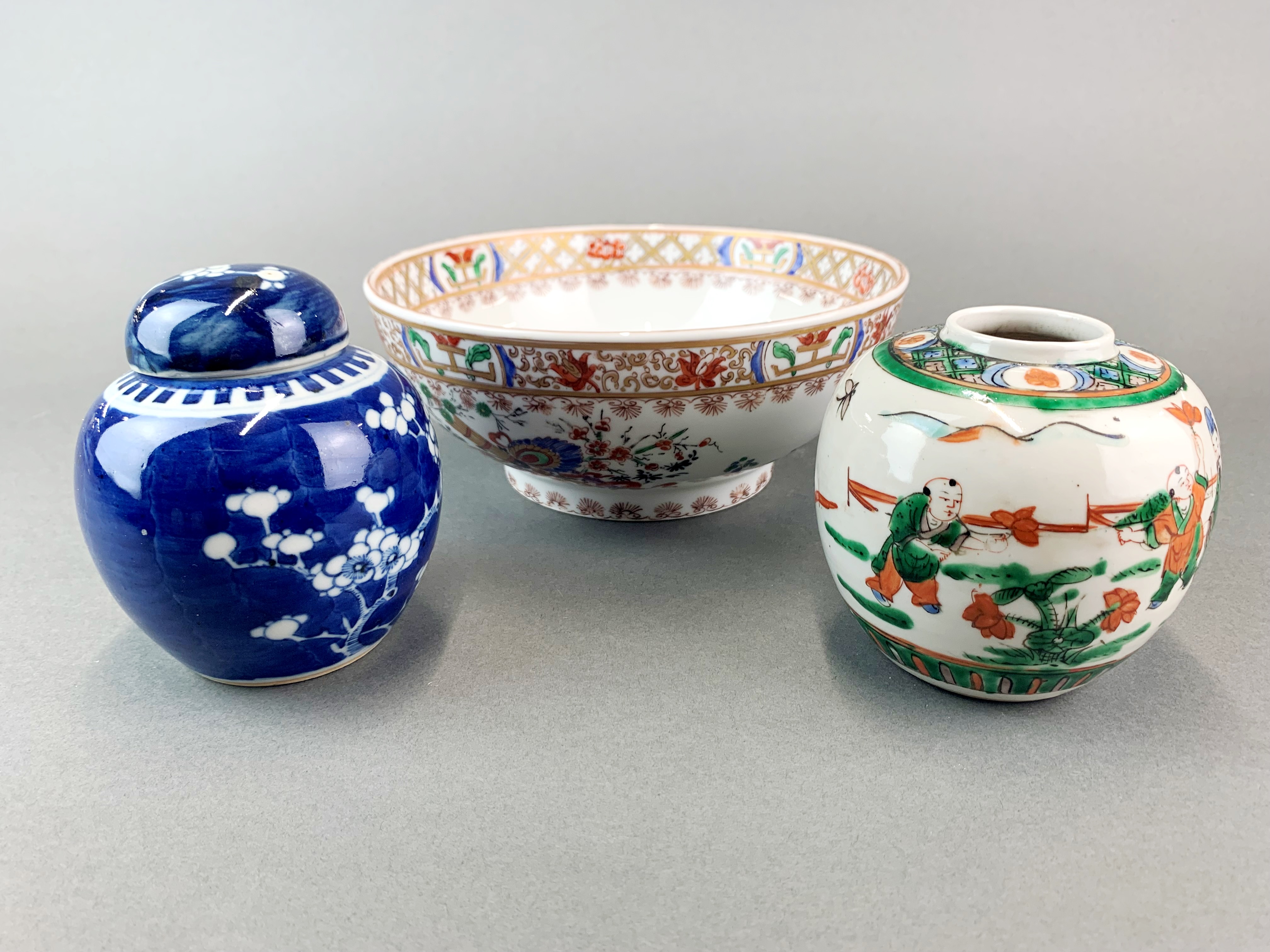 Two Chinese porcelain ginger jars, H. 10cm. and a further Oriental bowl.