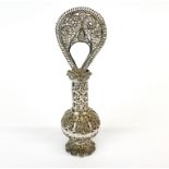 A Continental filigree silver hat pin and holder, H. 12cm.