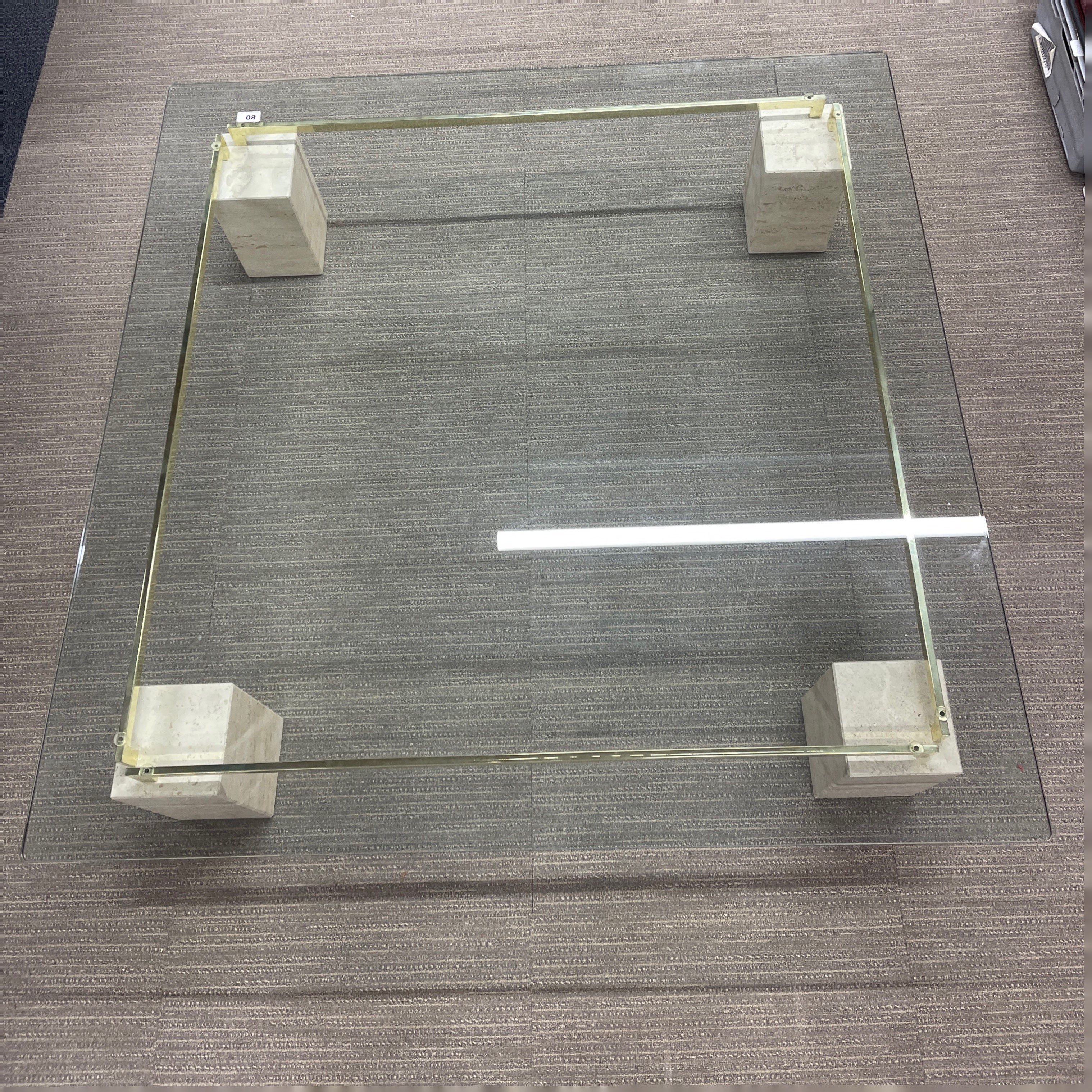 A contemporary plate glass gilt metal and marble coffee table, 120 X 120 X 20cm.
