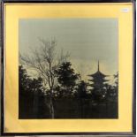 A framed 1920's/30's Japanese woven silk of a pagoda in a landscape, frame size 72 x 73cm.