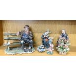 A Capodimonte porcelain figure of a tramp on a bench and five further porcelain items.