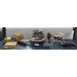 A silver plate and glass fish serving tray and other items including onyx.