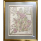 A framed antique map of England published by Thomas Cowperthwaite and Co, 47 x 55cm.