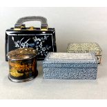 A vintage oriental lacquer handbag with three oriental boxes.