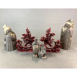 Two Lladro figures of Chinese characters, tallest H. 21cm, together with two dragon figures and