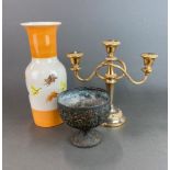 A 1930's Radford vase, H. 31cm, together with a silver plated candelabrum and a Chinese antimony