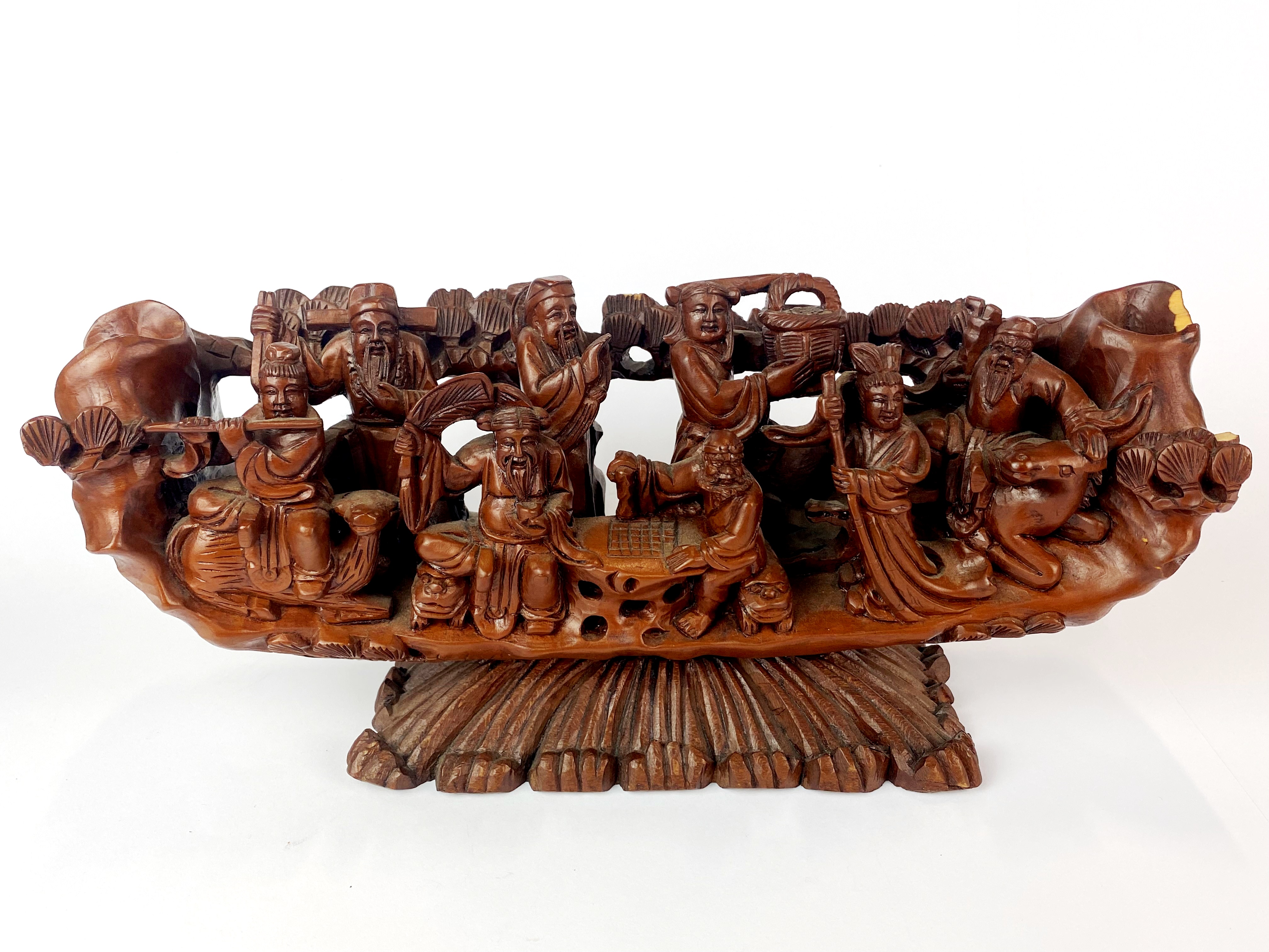 A Chinese carved wooden boat of immortals, L. 30cm, H. 14cm. Slightly A/F. - Image 4 of 5