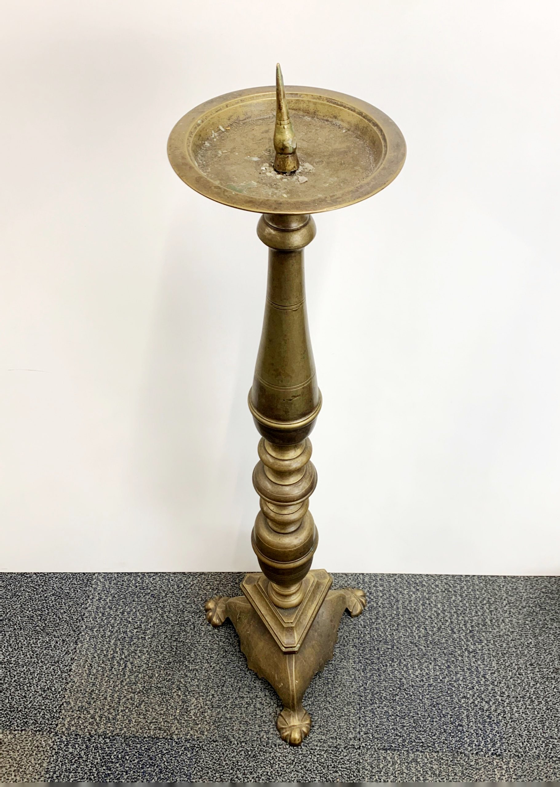 A large 19th century church brass pricket candlestick, H. 106cm. - Image 3 of 3