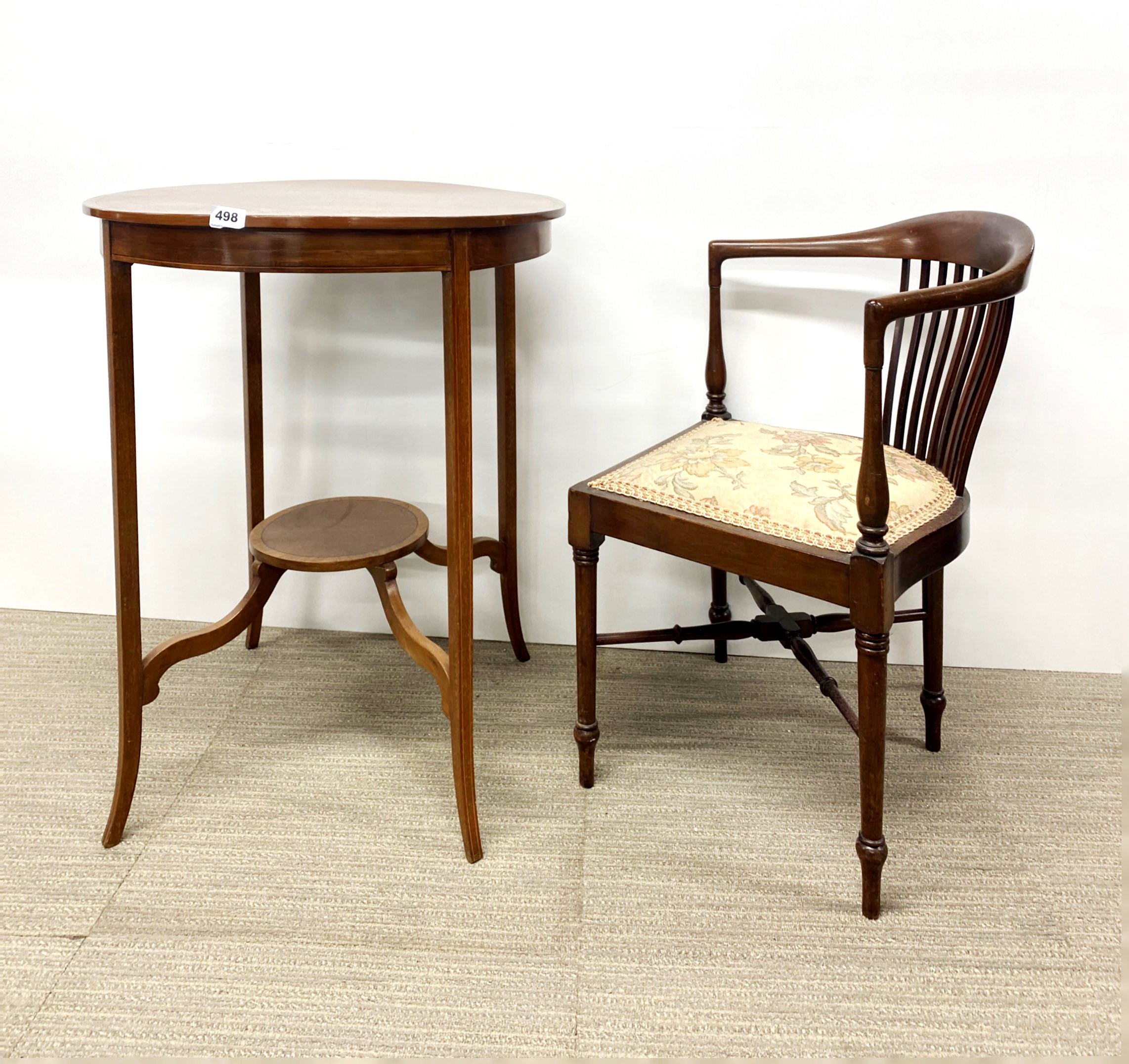 An Edwardian circular mahogany side table, Dia. 60cm. together with an Edwardian corner chair.