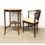 An Edwardian circular mahogany side table, Dia. 60cm. together with an Edwardian corner chair.
