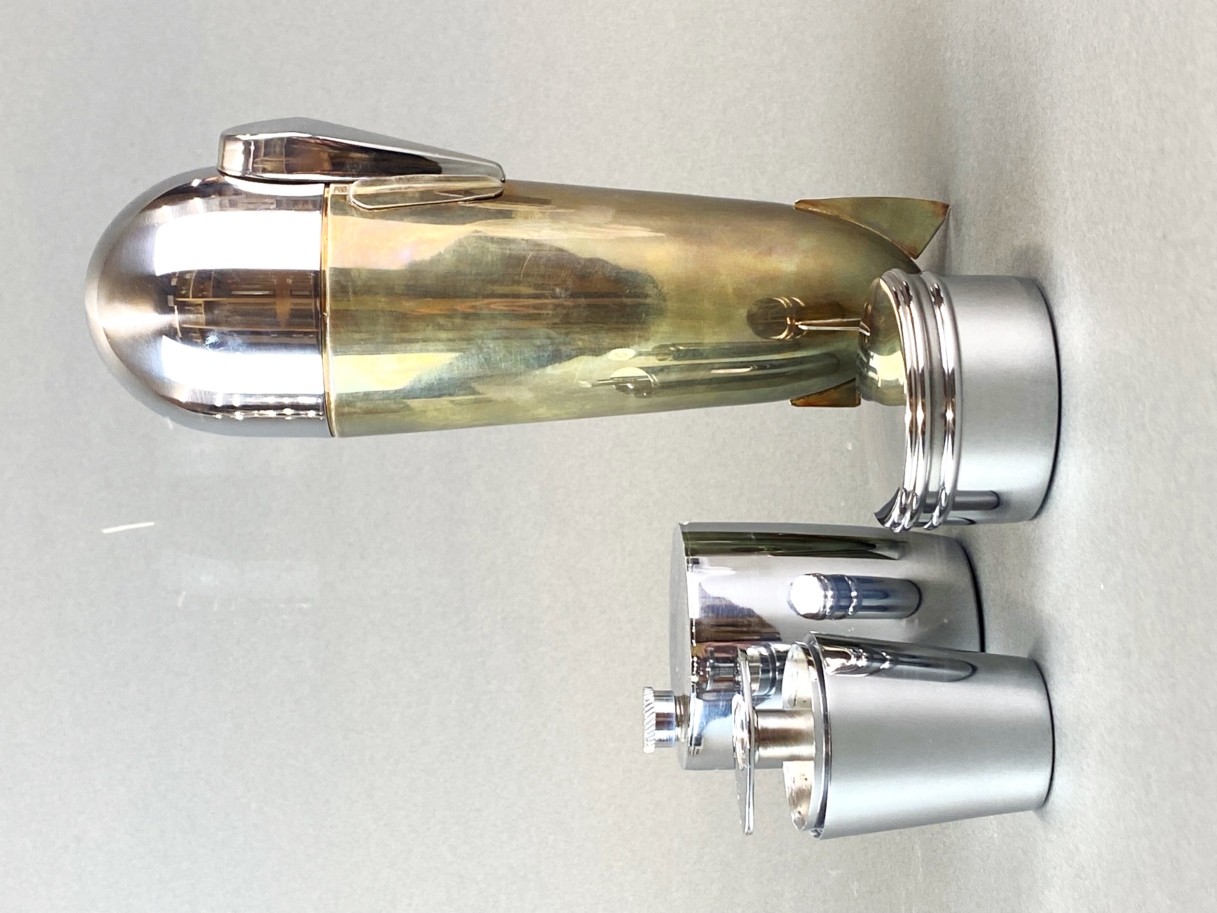 A steel rocket shaped cocktail shaker with spirit flask, lemon slice box and spirit measures, H. - Image 3 of 4