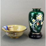 A Japanese cloisonne enamelled vase and stand, H. 12cm. together with a Chinese cloisonne bowl.