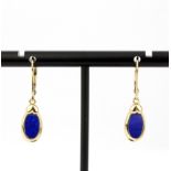 A pair of 9ct yellow gold (stamped 9K) lapis lazuli set drop earrings, L. 3cm.