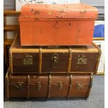 Two vintage wood and canvas cabin trunks and one tin trunk, largest 90 x 53 x 33cm.