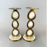 An interesting pair of gilt brass and shagreen 1950's/60's candlesticks, H. 29cm.