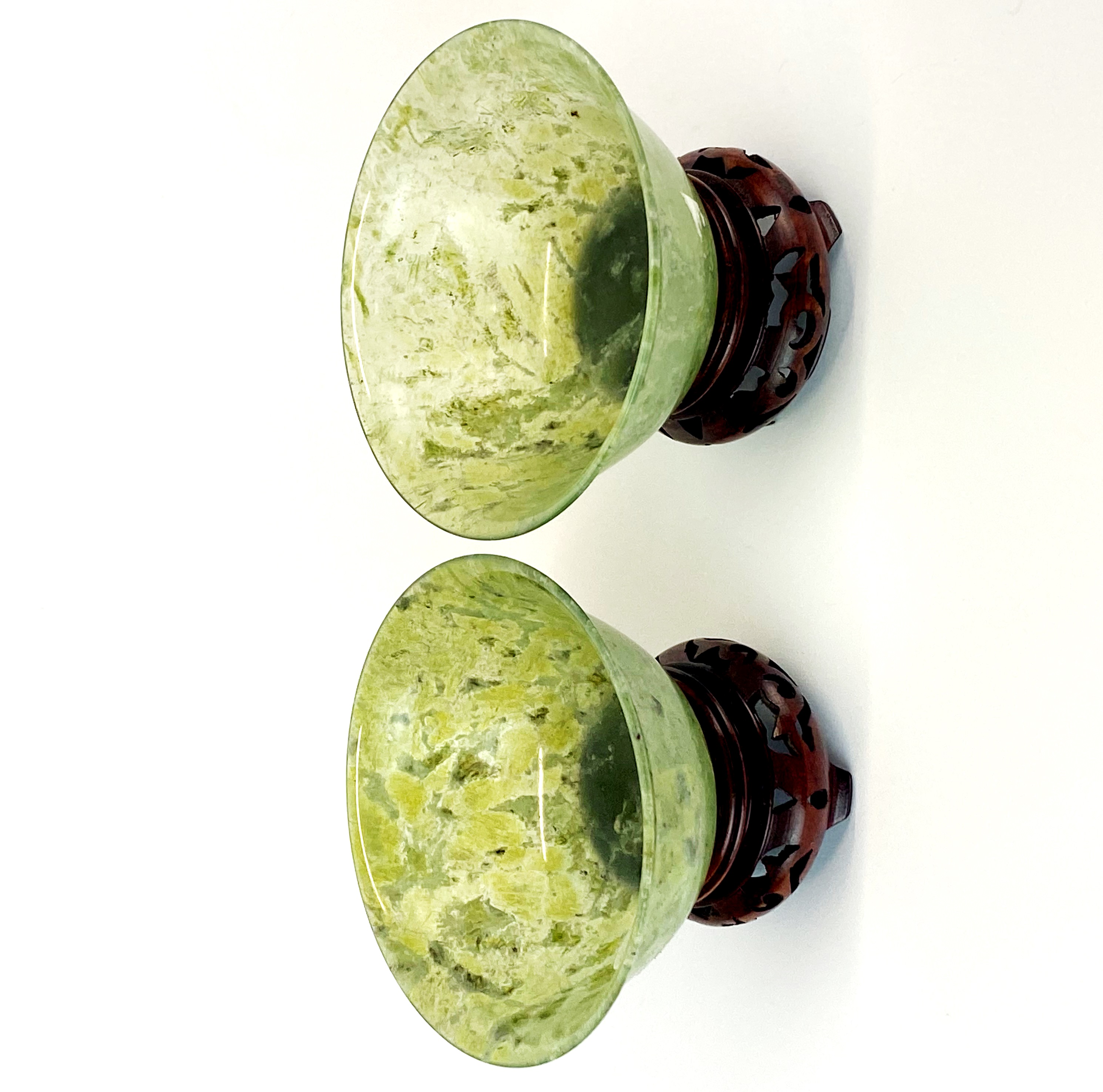 A pair of fine Chinese spinach jade bowls with carved wooden stands, Dia. 10cm. - Image 2 of 3