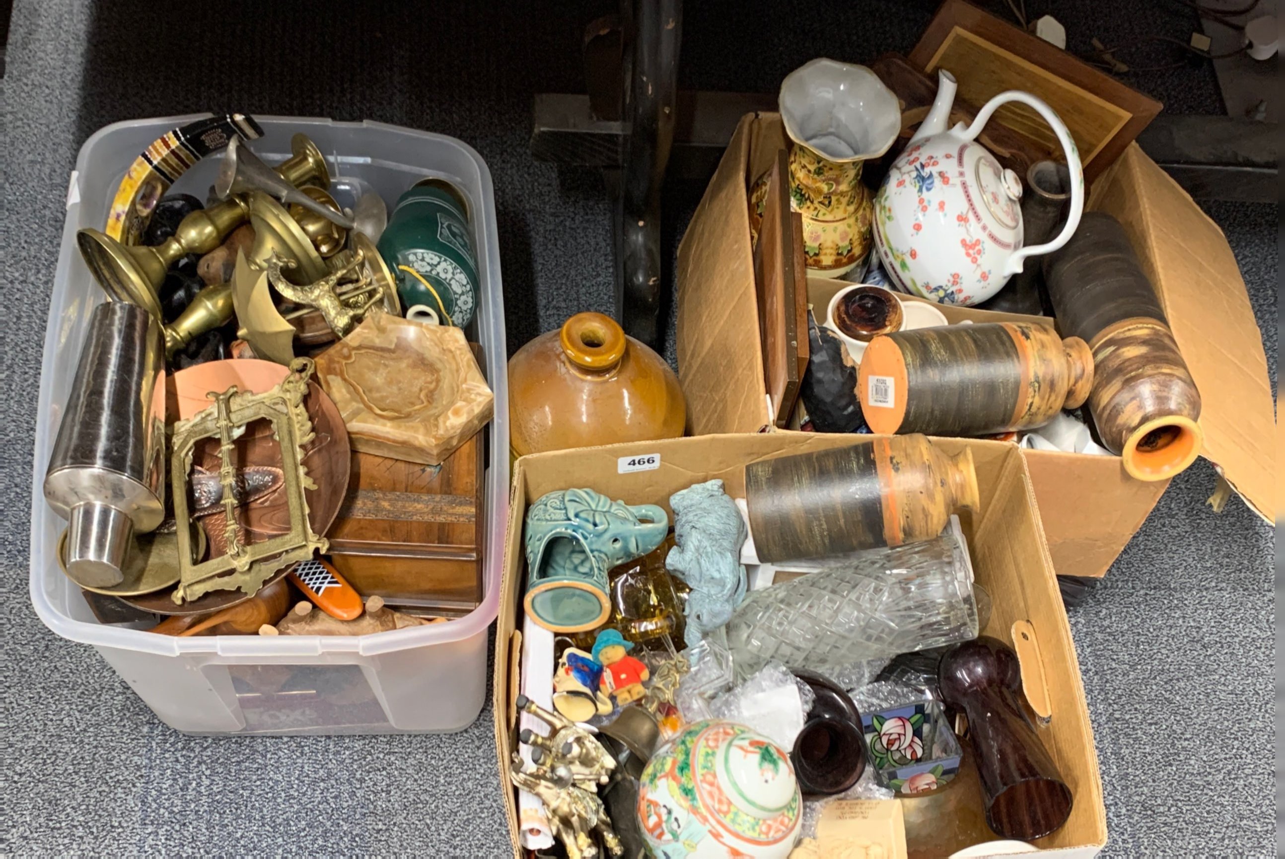 Three boxes of mixed china, glass and other items.