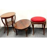 A mahogany dressing table stool and two circular side tables.
