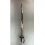 A European broadsword with fullered single edged blade (79cm) with decorated guard and wooden