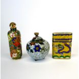 A Chinese cloisonne match case with a cloisonne snuff bottle and a small lidded bowl, snuff bottle