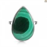 A 925 adjustable ring set with large pear cabochon cut malachite.