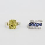 A sapphire and white topaz 925 silver ring together with an ouro verde quartz and yellow diamond set