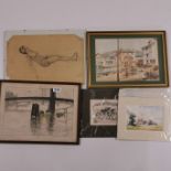 A group of framed and unframed sketches and watercolours.