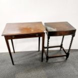 An inlaid mahogany single drawer side table together with an oak standing cutlery case with barley